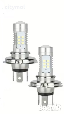 Комплект 2 бр. авто лампи/крушки H4, LED, 6000K, 21 хSMD 3030 диода и лупа, компактен размер