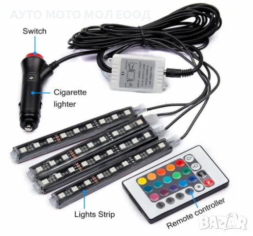  RGB светодиодни ленти с 9 LED  за интериорно осветление в автомобил., снимка 4 - Аксесоари и консумативи - 49820831