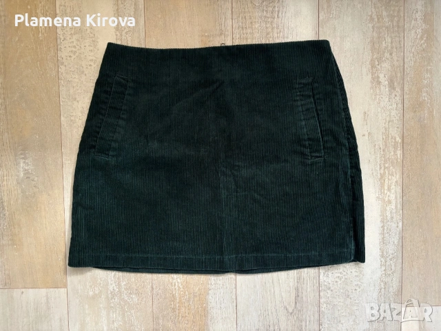 Петролено зелена мини пола | Размер М | Кадифе, снимка 2 - Поли - 53760505