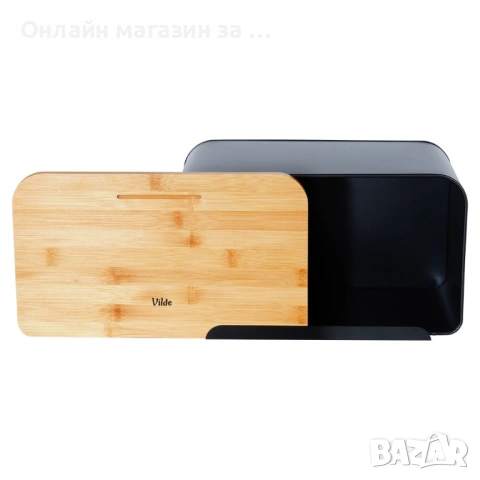 Кутия за хляб, изработена от метал, бамбукова дъска, модерен дизайн, 35x22x20,5см, черна 259613, снимка 6 - Кутии за храна - 53231133