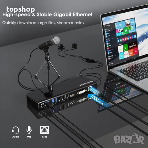 Чисто нова универсална докинг станция Wavlink USB 3.0 за два монитора, HDMI и DVI/VGA с Gigabit ..., снимка 6 - Кабели и адаптери - 51764442