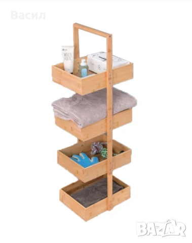 Бамбукова етажерка за баня в бежов цвят с 4 рафта и размери 32x24x98см, снимка 1