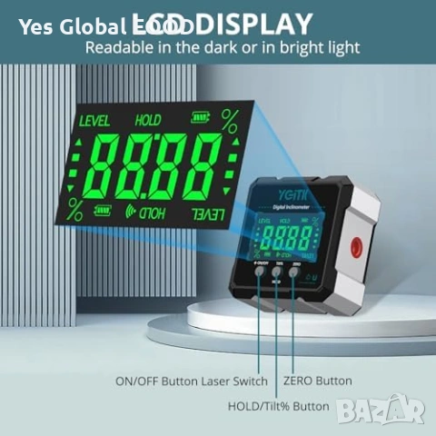 Дигитален ъгломер с LCD дисплей и магнитна основа IP54, снимка 4 - Друга електроника - 53247935
