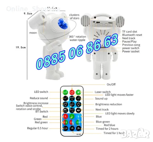 Лампа проектор Астронавт с Bluetooth, музика и 12 светлинни ефекти, снимка 5 - Други - 46646900