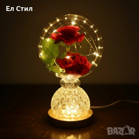 Лампа с вечни рози и топла LED светлина – подарък, който не увяхва, снимка 4 - Настолни лампи - 53586602