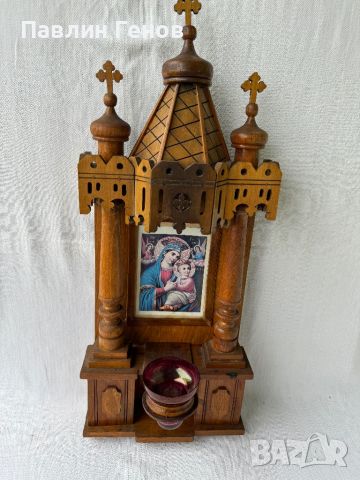 Дърворезба, старинен домашен иконостас с кандило , икона, снимка 2 - Антикварни и старинни предмети - 45418992