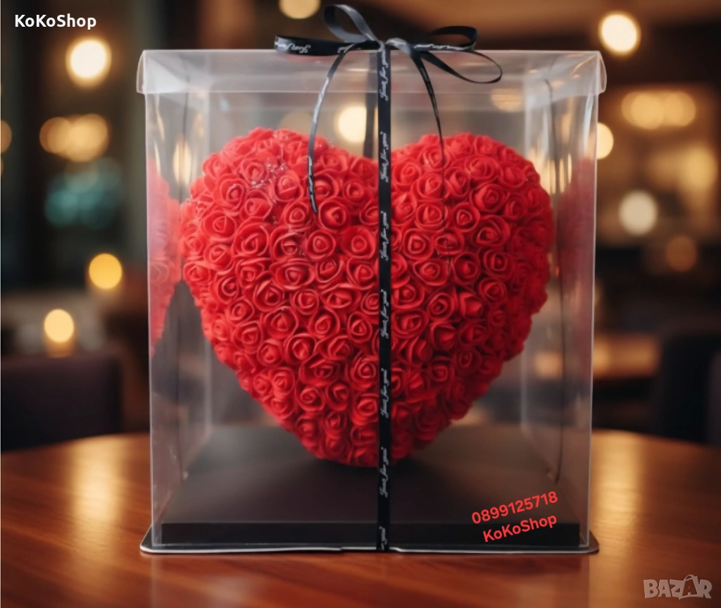 Червено сърце от рози в луксозна кутия с панделка– романтичен подарък, снимка 1
