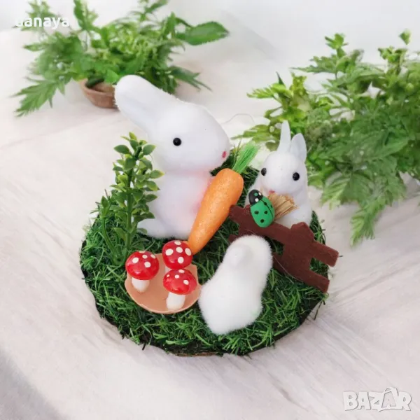 5792 Великденска декорация Зайчета в градинка, 14см, снимка 1