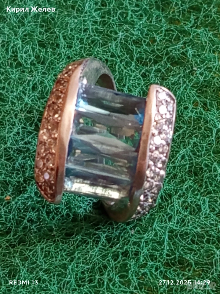 Разкошен Арт Нуво сребърен пръстен с СИН ТОПАЗ и кристали 52507, снимка 1