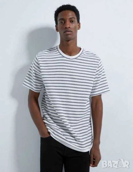 Мъжка тениска на райета Zara, 100% памук, Бяла, XL, снимка 1