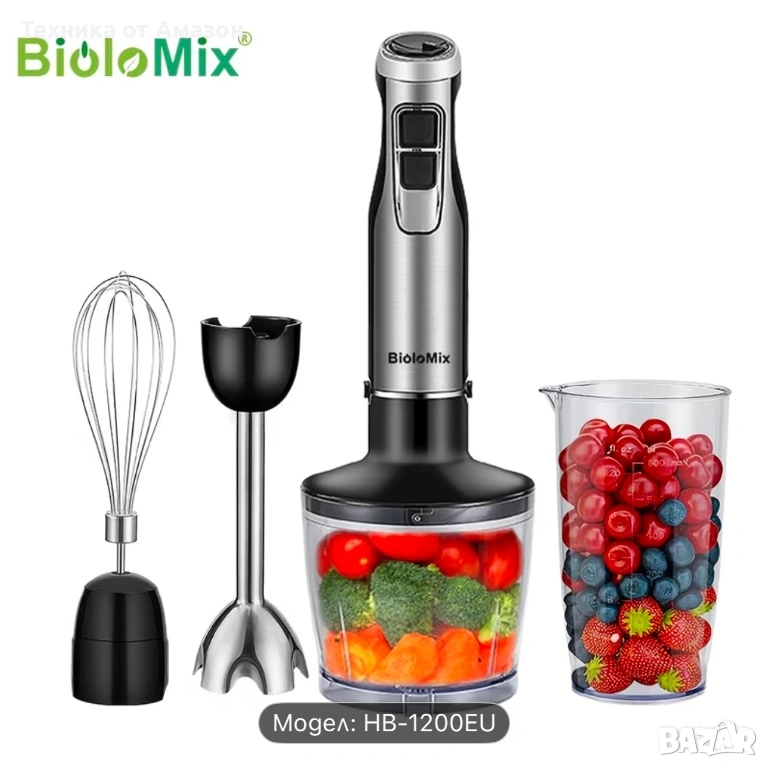 Блендер BioloMix BHB1200 и ръчен миксер, 1200 W, 6 скорости, нож от неръждаема стомана, комплект!, снимка 1