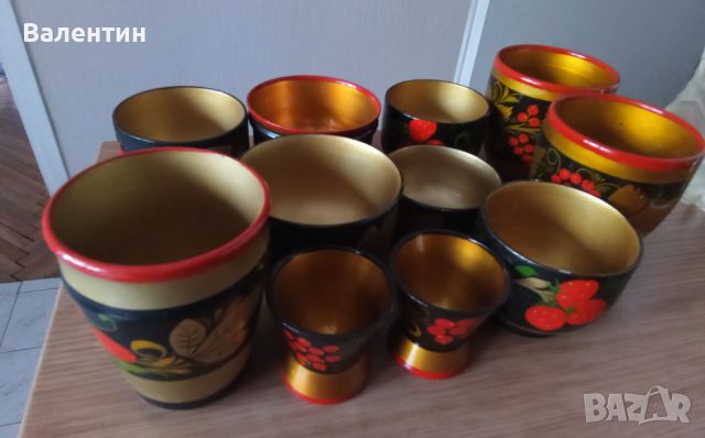 Лот от 12 руски дървени чаши Хохлома и 18 руски лъжици Хохлома, снимка 9 - Прибори за хранене, готвене и сервиране - 45306883