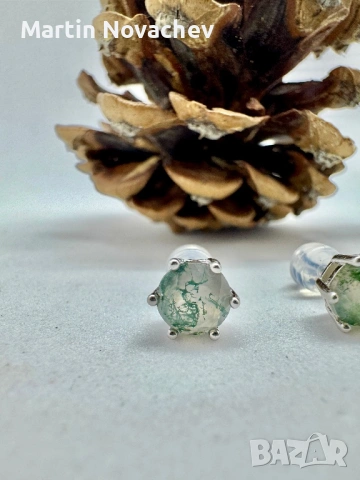 Сребърни обеци с естествен мъхов ахат 1.5 карата, снимка 6 - Обеци - 54090572