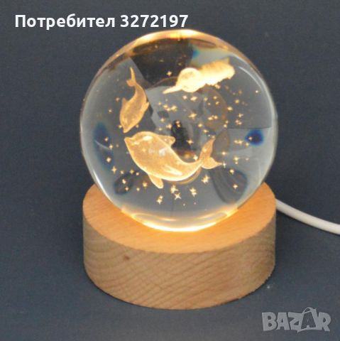 LED Светеща кристална топка/лампа, 3D сензорна -2 Делфина  под луната и облаците, снимка 1 - Настолни лампи - 46309537