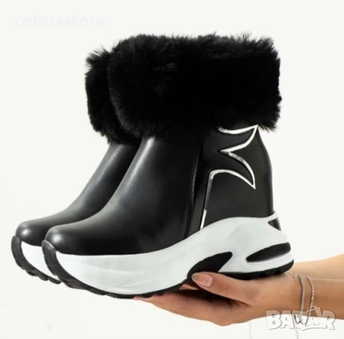 Боти на платформа - черна кожа с пух - BH2025

