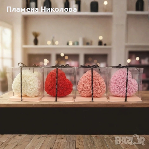 Декоративно сърце от изкуствени рози в подаръчна кутия, снимка 5 - Други - 53093497