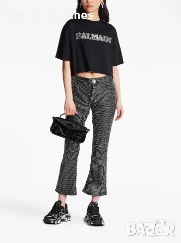 BALMAIN Black Crystal Logo Cropped Дамска Тениска size XS, снимка 3 - Тениски - 47165027