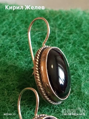 Сребърни обеци инкрустирани с черен ТУРМАЛИН орнаментика винтидж стил 32415, снимка 3 - Обеци - 54026345