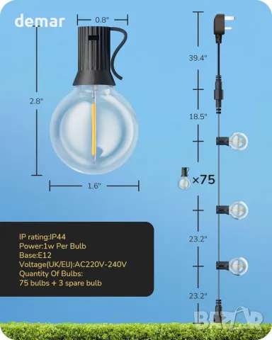 Външни стрингови лампи EDISHINE 45 м, 75+3 G40 LED кръгли крушки, 2700К, снимка 5 - Лед осветление - 47411710