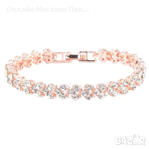 Елегантна гривна с кубичен цирконий – сребрист, златист и розово златисти цветове, 16.5 см, снимка 3 - Гривни - 52322509