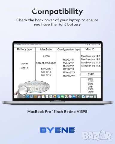 Резервна батерия за MacBook Pro 15" Retina A1398 , снимка 6 - Батерии за лаптопи - 51690304