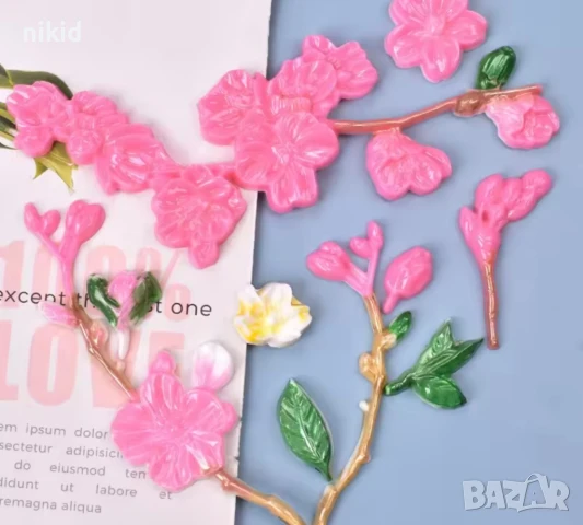 Грамаден клон клонка цъфнали цветя вишнев цвят силиконов молд форма фондан шоколад смола гипс декор, снимка 2 - Форми - 50788244