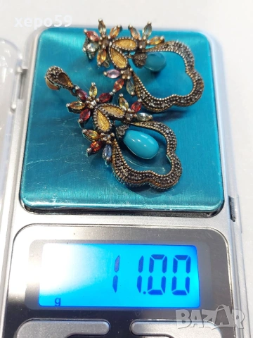 Дамски обеци с диаманти, рубини, сапфири, цитрини,тюркуази-сребро и злато, снимка 11 - Обеци - 53357467