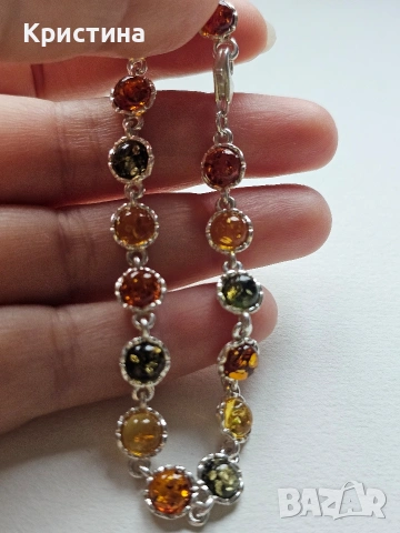 Красива сребърна гривна с Кехлибари, снимка 2 - Гривни - 53904722