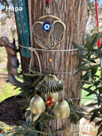 Метален вятърен звънец със слонче и окото на Назар