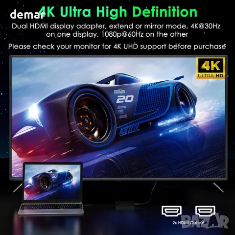 Minthouz USB C към Dual HDMI адаптер, 4K@30Hz + 1080p@60Hz HDMI сплитер за два монитора, снимка 7 - Друга електроника - 49869345