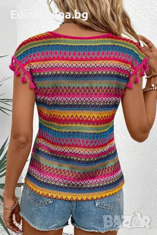 Дамска блуза с етно жакардов десен и къси ръкави с пискюли, снимка 2 - Други - 50130058