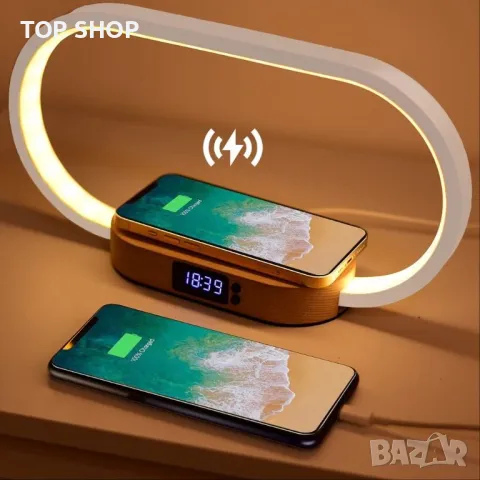 Нощна лампа Donewin 10W бързо безжично зареждане/часовник/USB порт/сензорно упр-е/дърво/3 режима