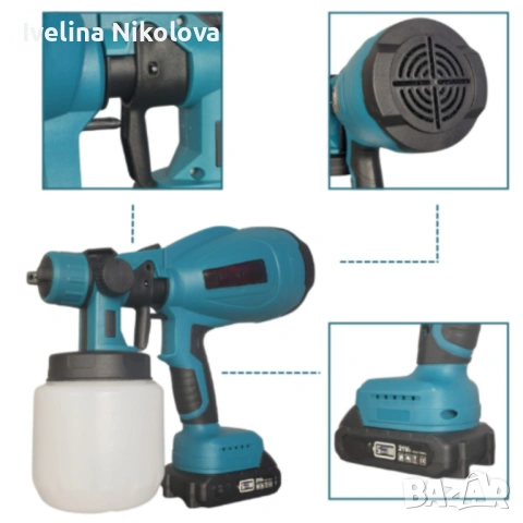 Акумулаторен и безжичен пистолет за боядисване с 2 батерии 21V, снимка 3 - Други - 53646349