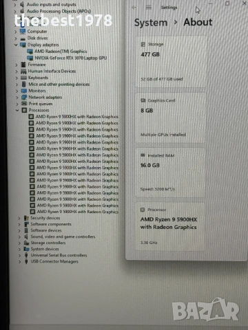 17.3 300Hz ROG Strix`Ryzen 9-5900HX/RTX 3070/16GB RAM/512GB SSD/RGB, снимка 9 - Лаптопи за игри - 53526733