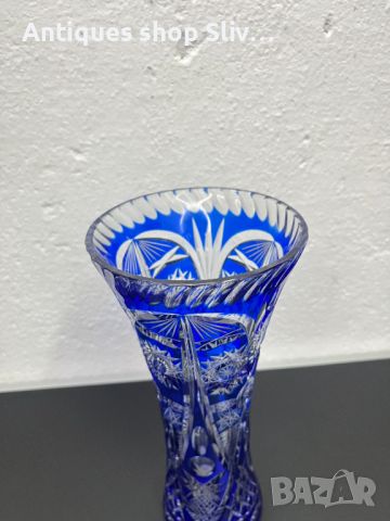 Бохемска кристална кобалтово / синя ваза. №5394, снимка 5 - Антикварни и старинни предмети - 45761499