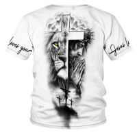 Стилна мъжка елегантна тениска с къс ръкав, шарка на кръст и лъв, снимка 3 - Тениски - 45864641