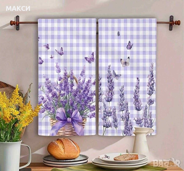 Красив комплект от 2 бр. микрофибърни бели кърпи за баня и кухня в лилаво с пеперуди и лавандула, снимка 1
