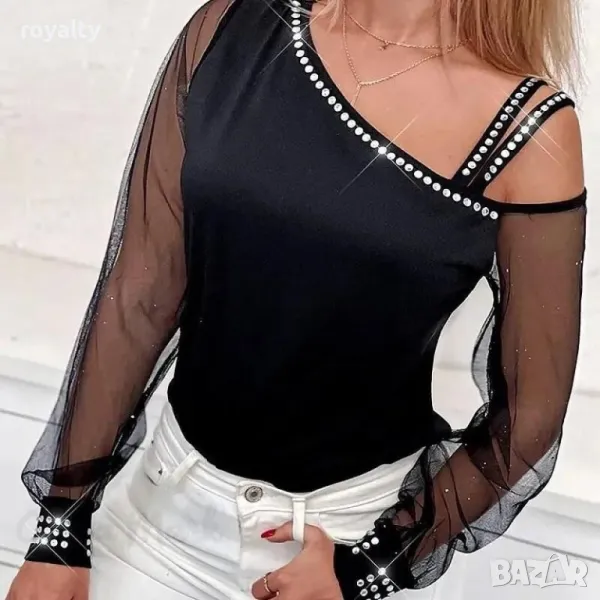Дамска блуза с мрежести ръкави и камъчета, снимка 1
