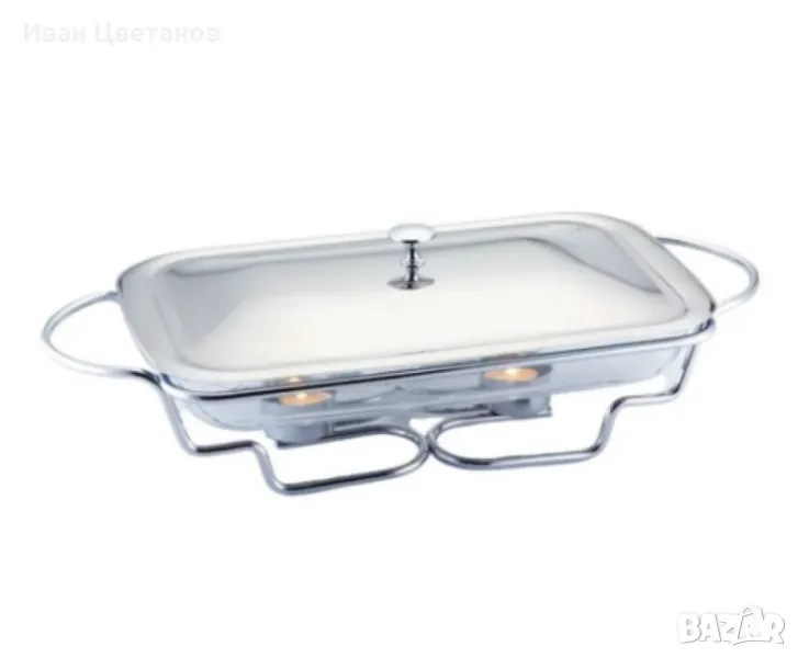 Съд за затопляне Bohmann, 3л. правоъгълен, 2свещи, Стоманен капак, Стъкло, Инокс, снимка 1