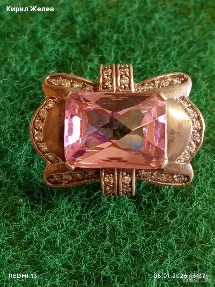 Впечатляващ сребърен пръстен тип Коктейлен пръстен с Розов кварц и кристали 51833, снимка 1