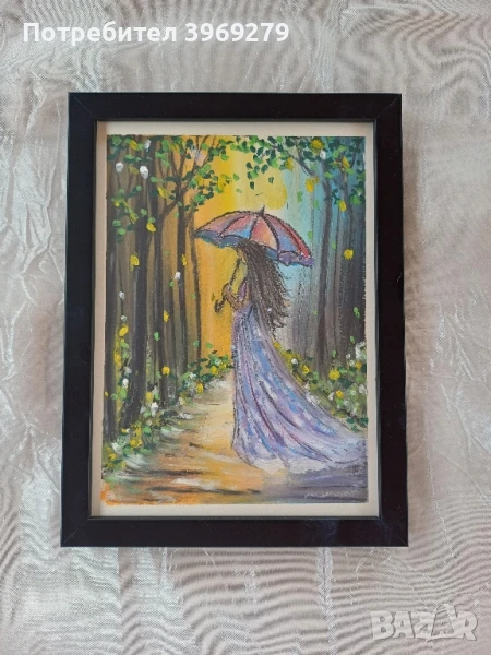 Лечебна ръчно рисувана картина с маслени пастели-"Жена с чадър"-14,5/19,5 см., снимка 1