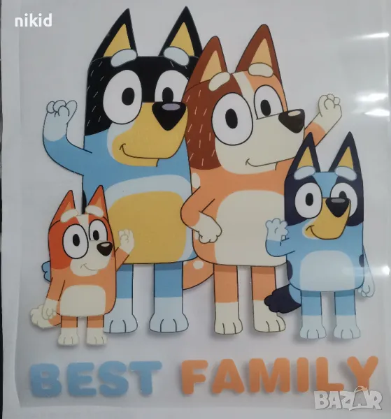 Блуи и Бинго Bluey and Bingo семейство щампа термо апликация картинка за дреха блуза чанта, снимка 1