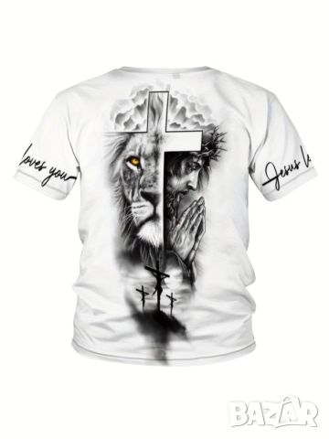 Стилна мъжка елегантна тениска с къс ръкав, шарка на кръст и лъв, снимка 5 - Тениски - 45717145