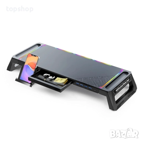 Чисто нова Стойка за монитор MOOJAY S57 за настолни RGB геймърски светлини с 4 USB 3.0 хъба...