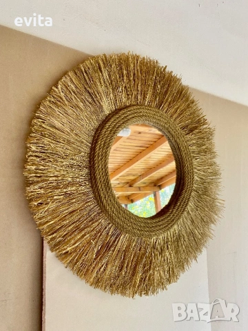 🌿Дизайнерско огледало от рафия – ръчно изработен бохо акцент за уютен и модерен дом, снимка 7 - Огледала - 53881746
