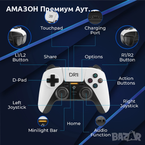 DR1TECH ShockPad II безжичен контролер за PS5/4/3,джойстик за игри с тъчпад/двойна вибрация-бял, снимка 5 - Аксесоари - 45008553