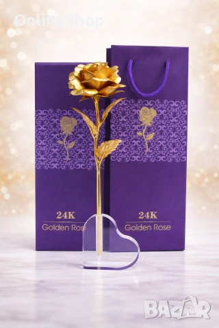 Златна роза 24 карата със стойка сърце, снимка 2 - Колиета, медальони, синджири - 53305800