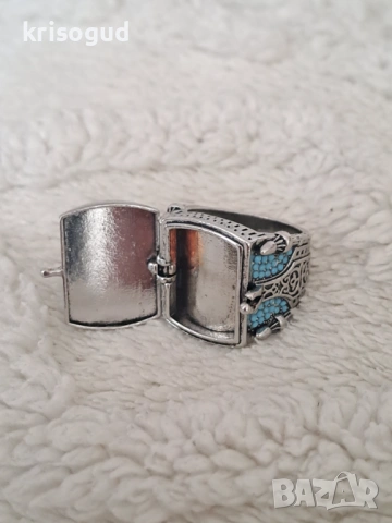 Мъжки пръстен от неръждаема стомана със синтетичен тюркоаз и орнаменти, снимка 9 - Пръстени - 53509601