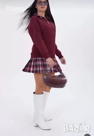 -50% Рокля - туника , мека и топла памучна полар материя,каре, цвят бордо, снимка 5 - Рокли - 53137466