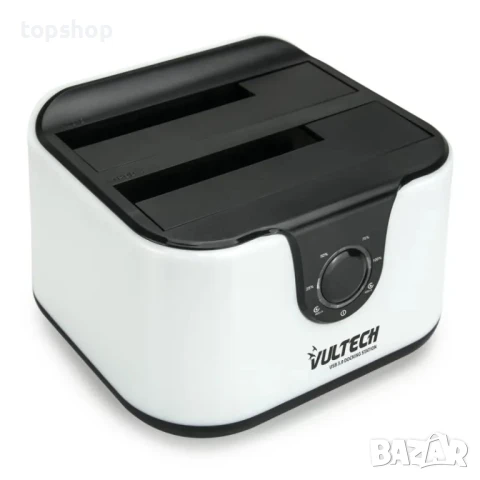 НОВА докинг станция Vultech 2 слота 2 Slot HDD SATA 2,5 / 3,5 за клониране, Usb 3.0 Бяла, снимка 2 - Кабели и адаптери - 50542494